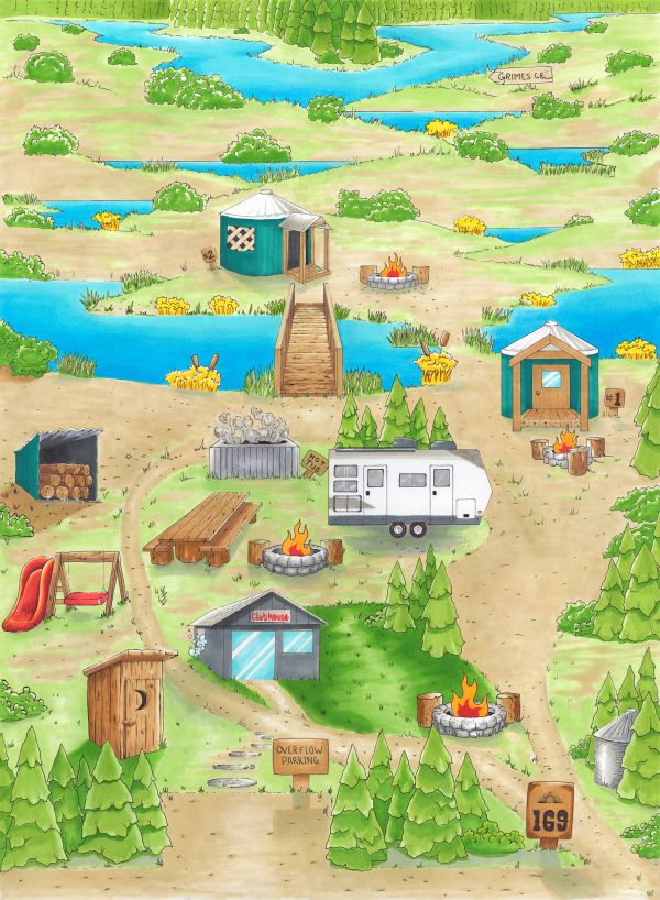 Whimsical treasure map type view of Idaho Glamping's Grimes Pass Glampground